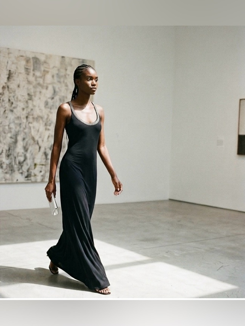 TWISTED HEART Y2K Black Racerback Maxi Dress with Silver Beaded Accents